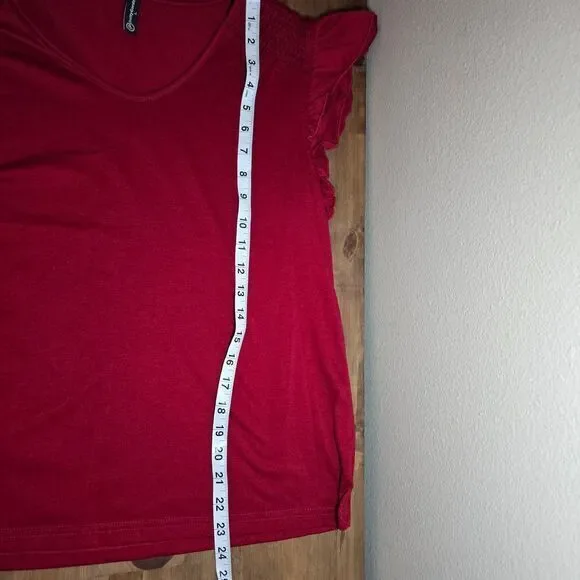 Pretty Fashion Red Ruffle Sleeve V-Neck Top Casual Summer Blouse- Size Large - Picture 8 of 9
